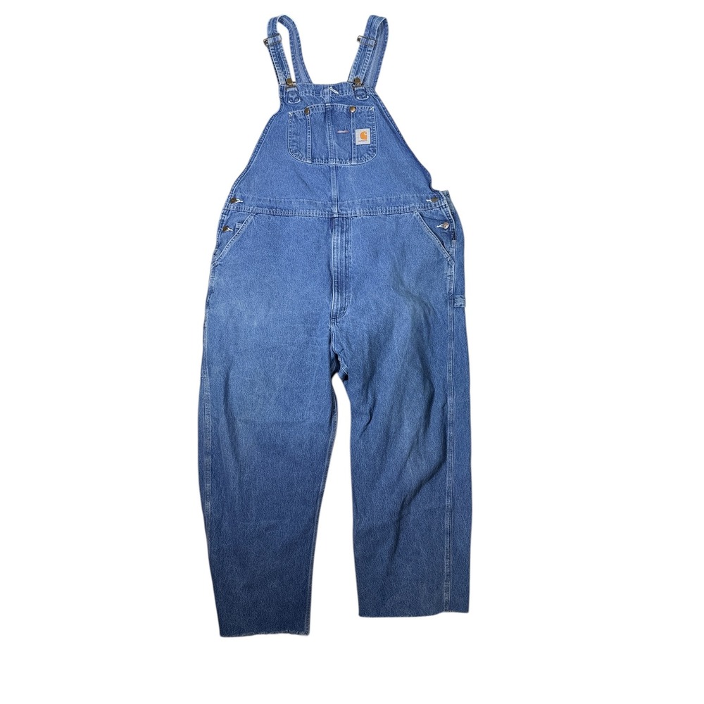 Carhartt R07-DST Denim Bib Overalls Mens 48x34‎ Blue Workwear Raw Hem Distressed